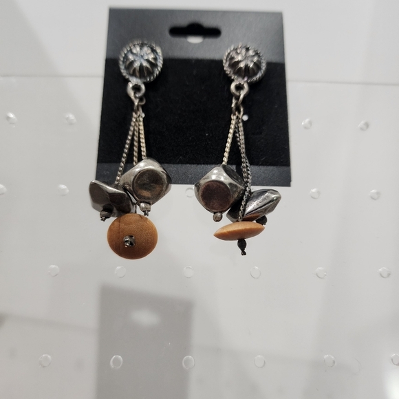 Antique Silver tone Medallion and Tassel Ball Earrings with Wooden Accents - Picture 3 of 3